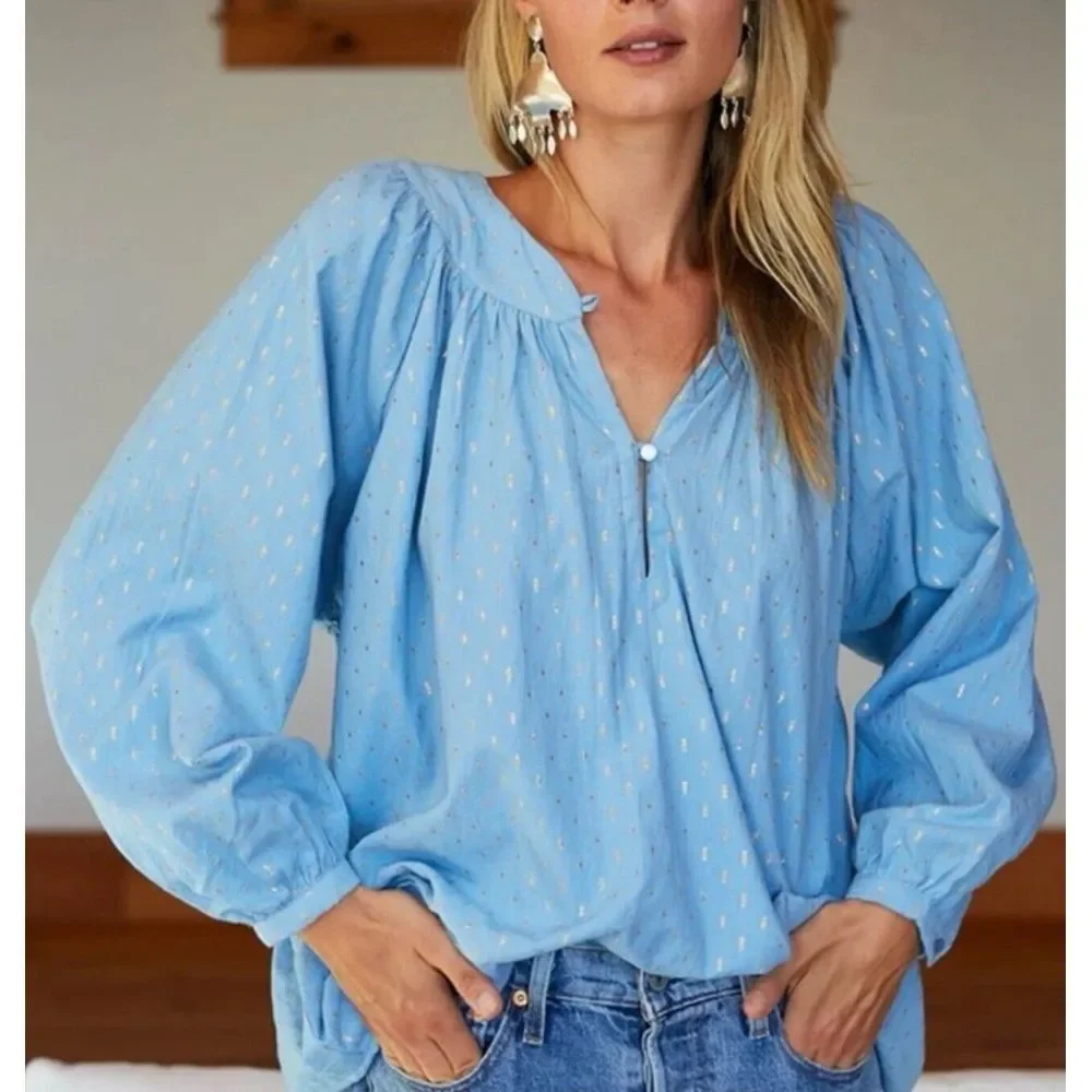 Emerson Fry Sky Blue Blouse with gold. Gently worn. - Picture 1 of 7